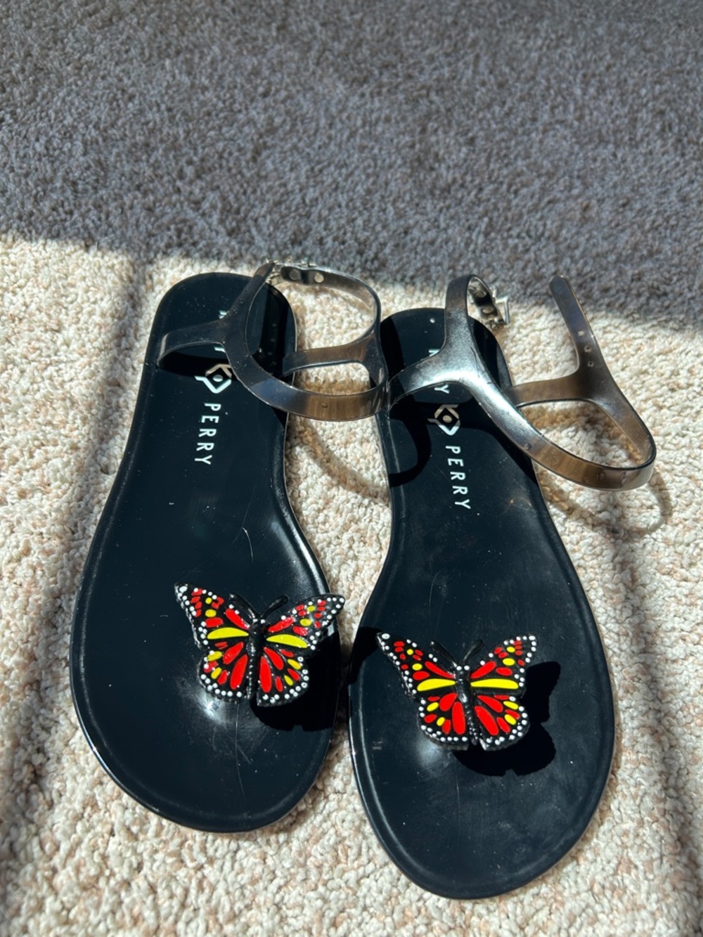 Katy Perry Collections Black Jelly Sandals with Red & Yellow Butterfly